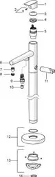 Schematische Darstellung eines Einhebelmischers mit verschiedenen Komponenten und Montageelementen. Teile sind nummeriert, Modell von HANSA erkennbar.